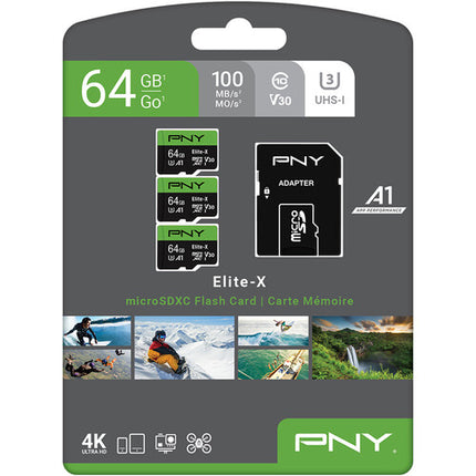 PNY 64GB Elite-X microSDXC UHS-I V30 Clase 10 con Adaptador SD 3-Pack