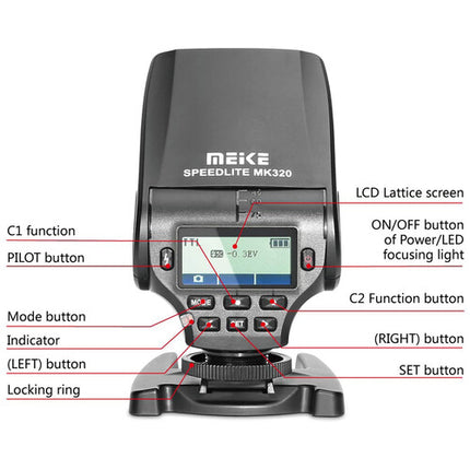 Meike MK320S Flash Speedlite TTL para cámaras Sony NEX Cabezal Ajustable 5600K