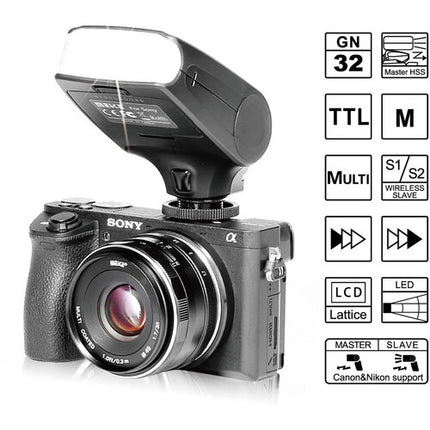 Meike MK320S Flash Speedlite TTL para cámaras Sony NEX Cabezal Ajustable 5600K