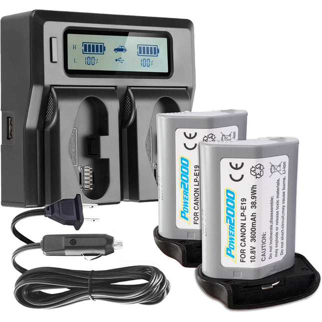 Power2000 2X ACD-445 Baterías 3600mAh 10.8V Cargador LCD para Canon LP-E19