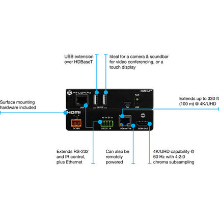 Atlona Omega 4K UHD Receptor HDMI USB sobre HDBaseT 330 pies con fuente 48 VDC