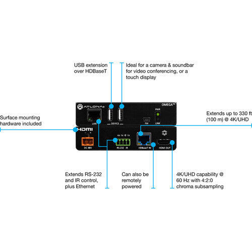 Atlona Omega 4K UHD Receptor HDMI USB sobre HDBaseT 330 pies con fuente 48 VDC