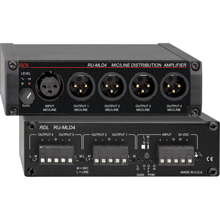 RDL RU-MLD4 Amplificador de Distribución Micrófono Línea 1x4 con Medidor VU Dual