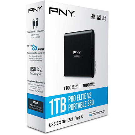 PNY 1TB Pro Elite V2 SSD portátil USB Tipo-C 1100 MB/s aluminio