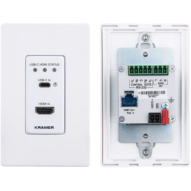 Kramer WP-20CT Placa de Pared HDMI y USB Tipo-C Transmisor HDBaseT 4K 130ft con Adaptador de Corriente