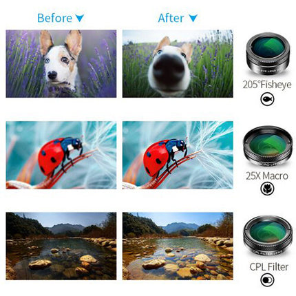 Apexel Kit de 6 Lentes para Smartphone con Lente Gran Angular 140° y Ojo de Pez 205°
