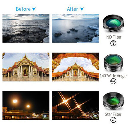 Apexel Kit de 6 Lentes para Smartphone con Lente Gran Angular 140° y Ojo de Pez 205°