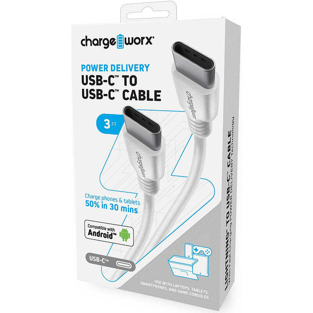 Cable USB Tipo-C Macho Power Delivery ChargeWorx 3 pies 60W Blanco