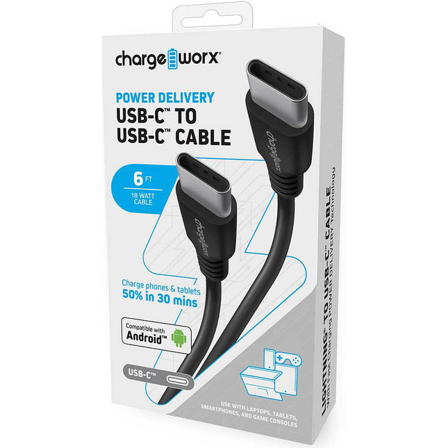 Cable USB Tipo-C Macho ChargeWorx 6 Pies Negro 60W Power Delivery