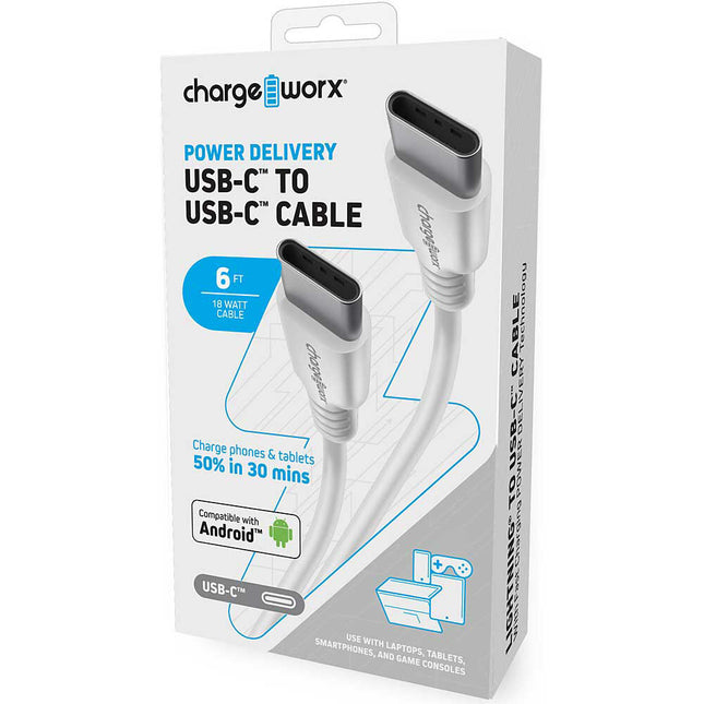 Cable USB Tipo C Macho Power Delivery ChargeWorx 6 pies 60W Blanco