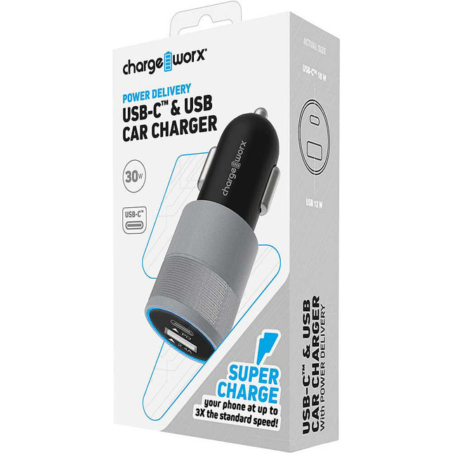 ChargeWorx Cargador de Coche Dual USB Type-C y Type-A 30W PD 18W 12W