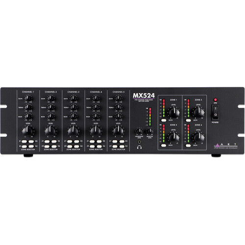 ART MX524 mezclador de 5 canales 4 zonas con phantom +48V y controles de tono