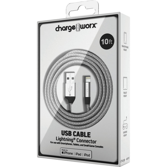 ChargeWorx Cable Lightning a USB Tipo A 3 05 m MFi Certificado Plata