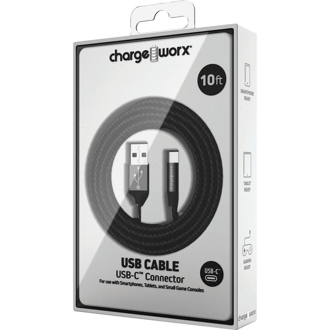 ChargeWorx Cable USB Tipo C a Tipo A 10 Pies Negro USB 2.0 480 Mb/s