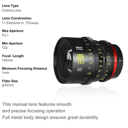 Meike FF-Prime Cine 105mm T2.1 Lente Full Frame Montura PL Foco en pies y metros