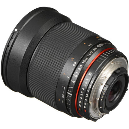 Rokinon 16mm f2.0 ED AS UMC CS Lente para Nikon F Montura APS-C 24mm Equivalente Hood Pouch