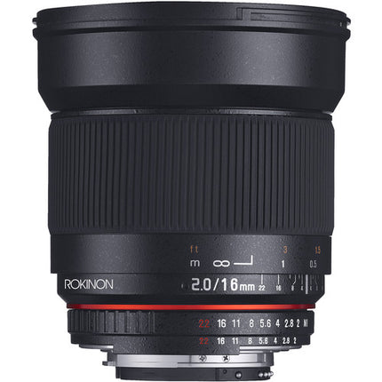 Rokinon 16mm f2.0 ED AS UMC CS Lente para Nikon F Montura APS-C 24mm Equivalente Hood Pouch