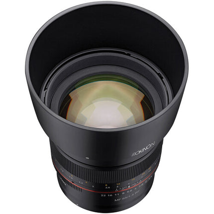 Rokinon 85mm f1.4 Lente para Canon RF Full Frame f1.4 a f22 con Parasol y Tapas