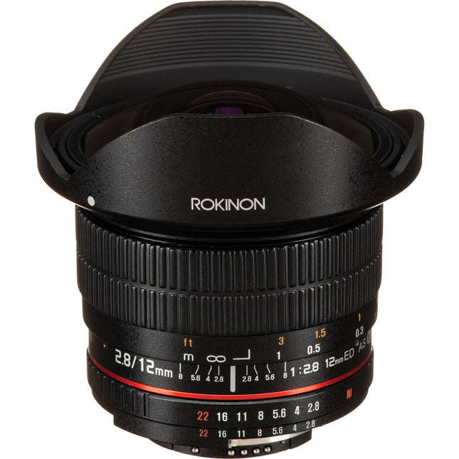 Rokinon 12mm f2.8 ED AS IF NCS UMC Lente ojo de pez Nikon F con chip AE hood petalo