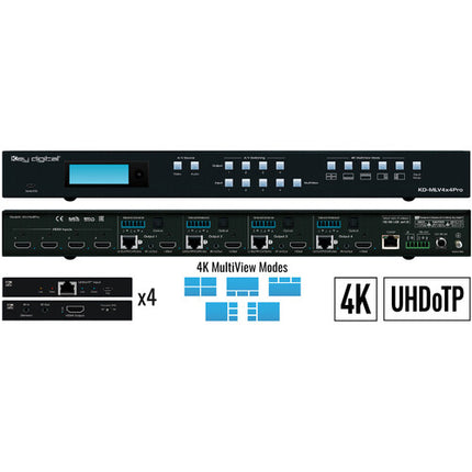 Key Digital 4x4 UHD 4K Matriz de Presentación con 4 Entradas HDMI y Extensión de 197'