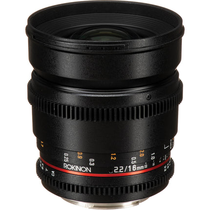 Rokinon 16mm T2.2 Lente Cine para Montura Canon EF APS-C con Parasol Extraíble y Filtro 77mm