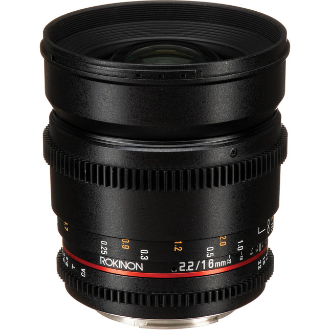 Rokinon 16mm T2.2 Lente Cine para Montura Canon EF APS-C con Parasol Extraíble y Filtro 77mm