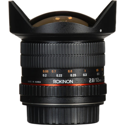 Rokinon 12mm f2.8 ED AS IF NCS UMC Lente ojo de pez Nikon F con chip AE hood petalo