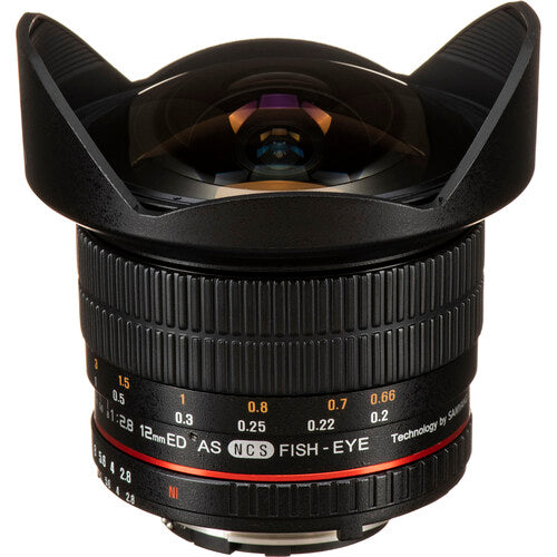 Rokinon 12mm f2.8 ED AS IF NCS UMC Lente ojo de pez Nikon F con chip AE hood petalo