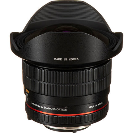 Rokinon 12mm f2.8 ED AS IF NCS UMC Lente ojo de pez Nikon F con chip AE hood petalo