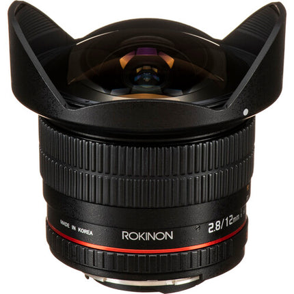 Rokinon 12mm f2.8 ED AS IF NCS UMC Lente ojo de pez Nikon F con chip AE hood petalo