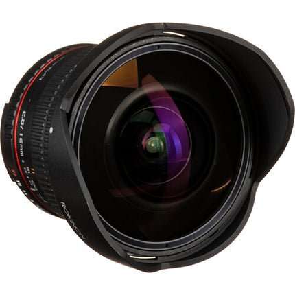 Rokinon 12mm f2.8 ED AS IF NCS UMC Lente ojo de pez Nikon F con chip AE hood petalo