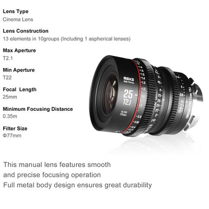 Meike 25mm T2.1 objetivo prime cine Super35 PL Montura con 33 6mm círculo de imagen