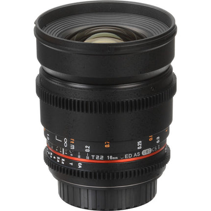Rokinon 16mm T2.2 Lente Cine para Montura Canon EF APS-C con Parasol Extraíble y Filtro 77mm