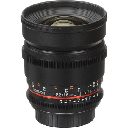 Rokinon 16mm T2.2 Lente Cine para Montura Canon EF APS-C con Parasol Extraíble y Filtro 77mm