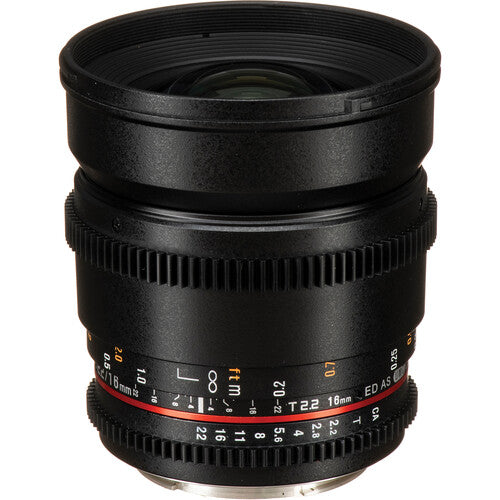 Rokinon 16mm T2.2 Lente Cine para Montura Canon EF APS-C con Parasol Extraíble y Filtro 77mm