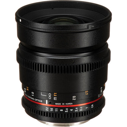 Rokinon 16mm T2.2 Lente Cine para Montura Canon EF APS-C con Parasol Extraíble y Filtro 77mm