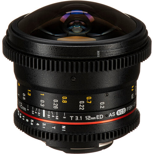 Rokinon 12mm T3.1 Lente Fisheye Cine para Nikon F Montura 180º Vista Hood Removible