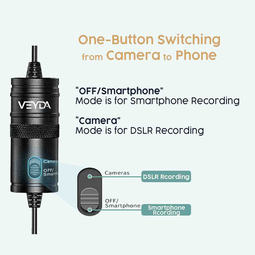 Cam Caddie Veyda VD-PL1 Micrófono Lavalier Potenciado para Smartphones y Cámaras Cable 6m Respuesta 65Hz-18kHz