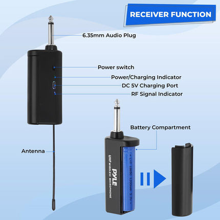 Pyle Pro PDWMU211 Sistema de Micrófono Inalámbrico UHF 2 Canales Alcance 49 m y USB