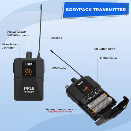 Pyle Pro PDWMU211 Sistema de Micrófono Inalámbrico UHF 2 Canales Alcance 49 m y USB