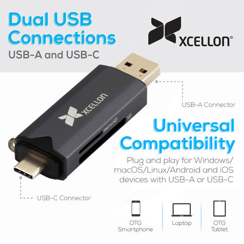 Xcellon Dual USB 3.2 Gen 1 Lector de Tarjetas con Keychain y USB-C USB-A