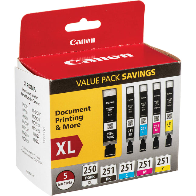 Canon PGI-250XL Negro de Alta Capacidad y CLI-251 Pack de 5 Cartuchos de Tinta para Impresora