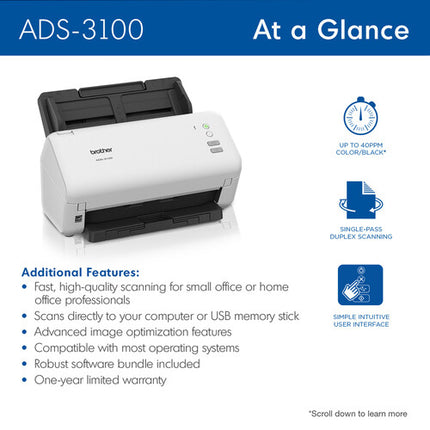 Brother ADS-3100 Escáner de Escritorio Color Alta Velocidad 40 ppm 600 dpi