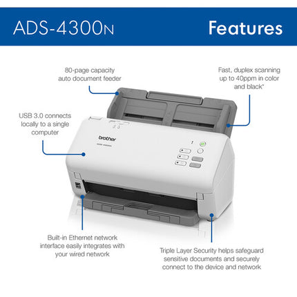 Brother ADS-4300N Escáner de Escritorio Profesional 40 ppm 80 Hojas ADF