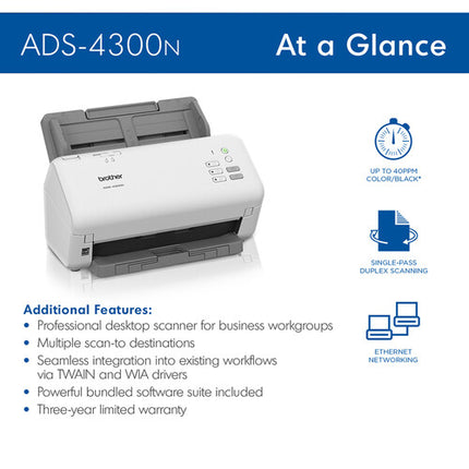 Brother ADS-4300N Escáner de Escritorio Profesional 40 ppm 80 Hojas ADF