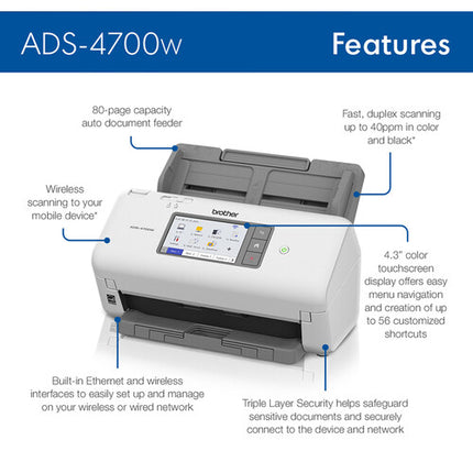 Brother ADS-4700W Escáner profesional inalámbrico 40 ppm 80 ipm 80 páginas ADF pantalla táctil color