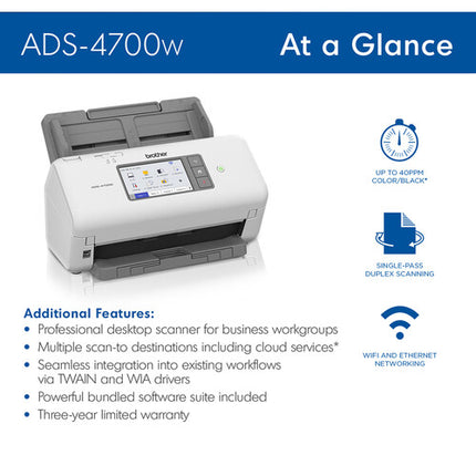 Brother ADS-4700W Escáner profesional inalámbrico 40 ppm 80 ipm 80 páginas ADF pantalla táctil color