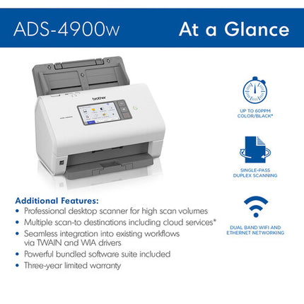 Brother ADS-4900W Escáner de Escritorio Inalámbrico 60 ppm ADF 100 hojas