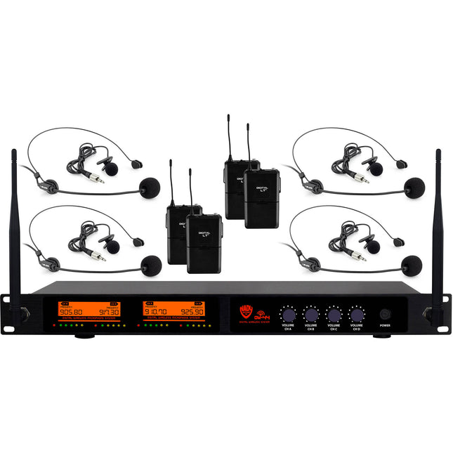 Nady DW-44-LT-HM Sistema inalámbrico de micrófonos UHF 4 canales con auriculares HM-3 y micrófonos lavalier 11 horas batería alcance 300 pies