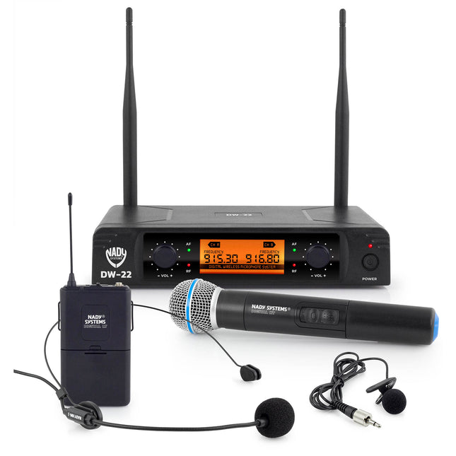Nady DW-22 HTLTHM Sistema de Micrófono Inalámbrico Digital 2 Canales 300 ft Alcance